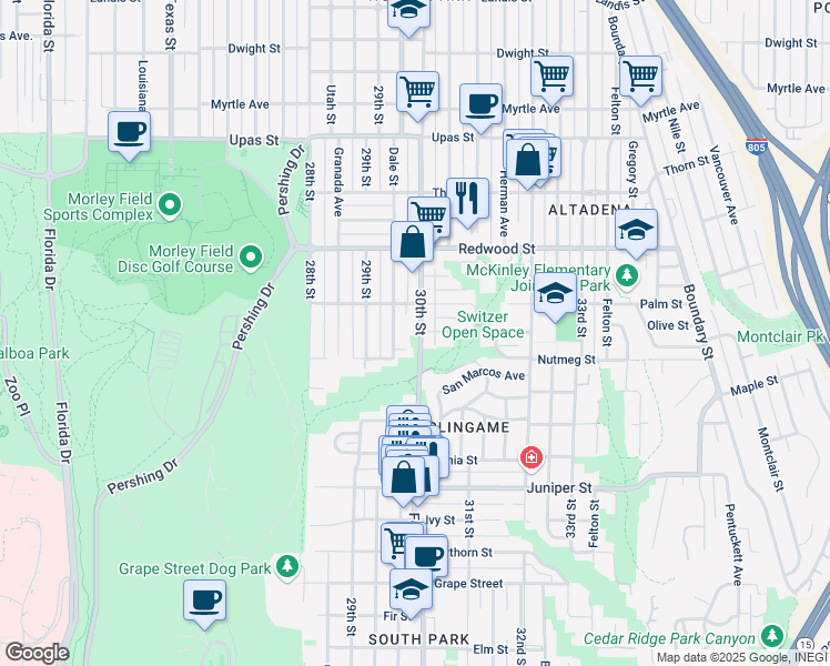 map of restaurants, bars, coffee shops, grocery stores, and more near 2748 30th Street in San Diego