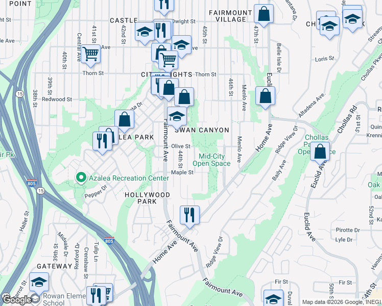 map of restaurants, bars, coffee shops, grocery stores, and more near 2714 Highland Avenue in San Diego