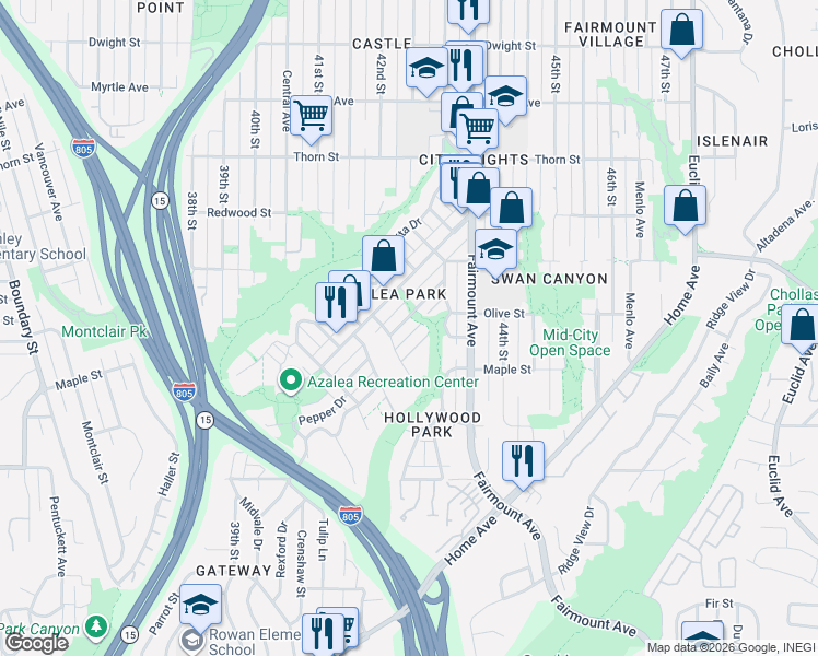 map of restaurants, bars, coffee shops, grocery stores, and more near 4221 Pepper Drive in San Diego