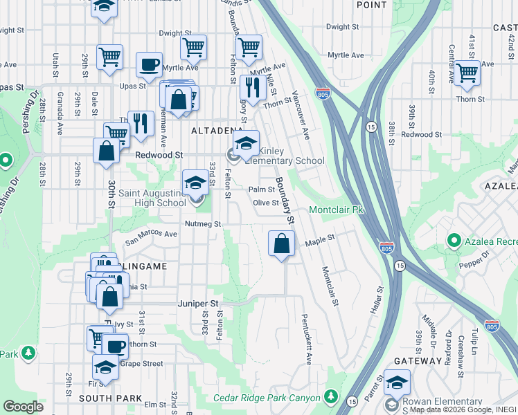 map of restaurants, bars, coffee shops, grocery stores, and more near 3408 Cooper Street in San Diego