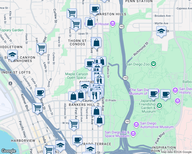 map of restaurants, bars, coffee shops, grocery stores, and more near 2800 Fifth Avenue in San Diego