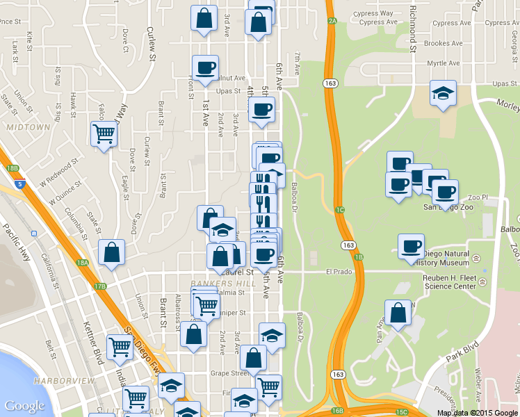 map of restaurants, bars, coffee shops, grocery stores, and more near 2800 Fifth Avenue in San Diego