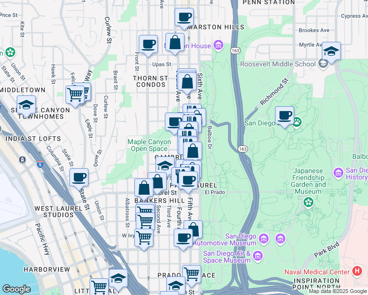 map of restaurants, bars, coffee shops, grocery stores, and more near 2800 Fifth Avenue in San Diego