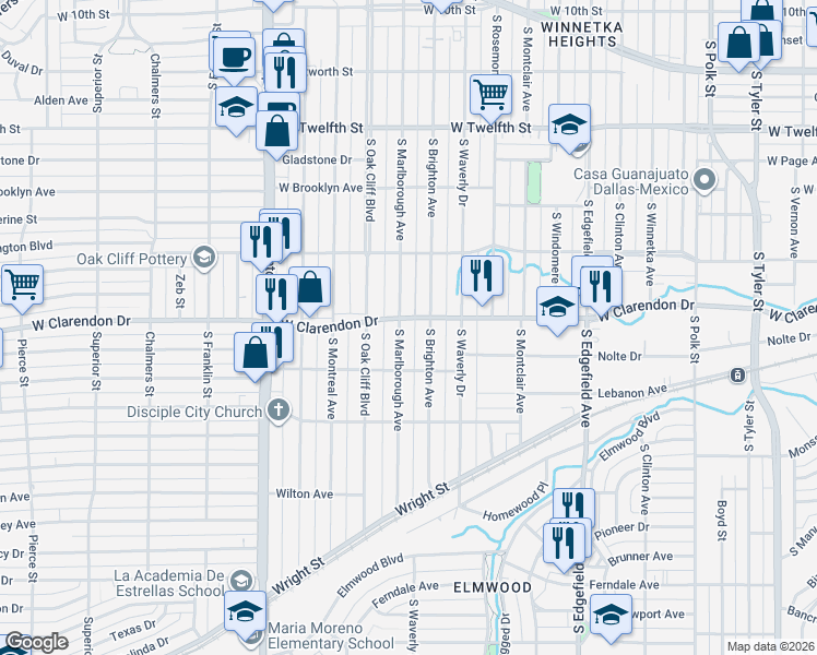 map of restaurants, bars, coffee shops, grocery stores, and more near 1113 South Marlborough Avenue in Dallas