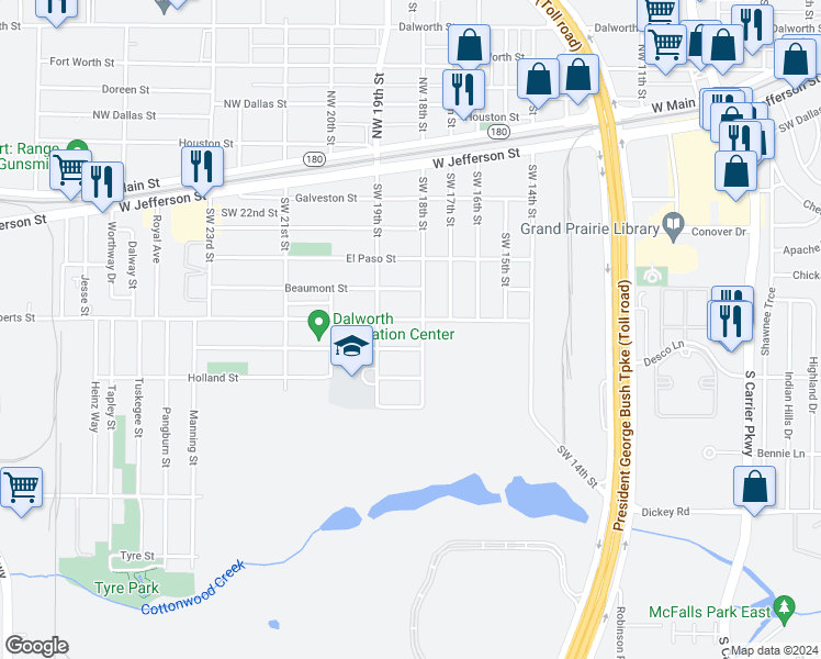 map of restaurants, bars, coffee shops, grocery stores, and more near 1802 Spikes Street in Grand Prairie
