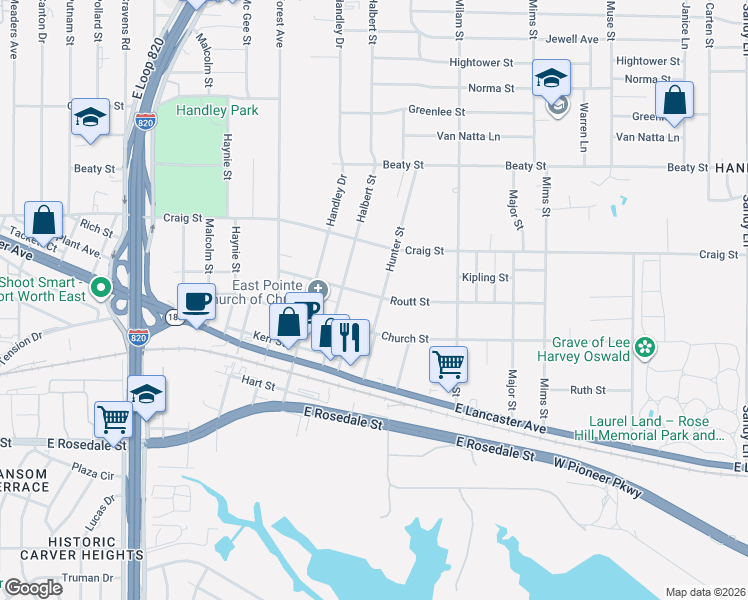 map of restaurants, bars, coffee shops, grocery stores, and more near 3004 Hunter Street in Fort Worth