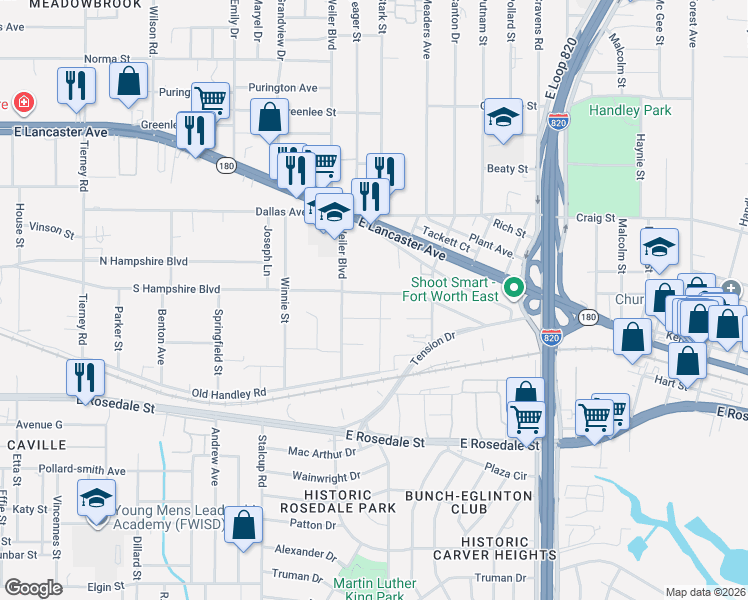 map of restaurants, bars, coffee shops, grocery stores, and more near 5620 South Hampshire Boulevard in Fort Worth