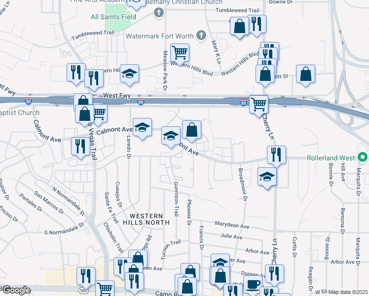 map of restaurants, bars, coffee shops, grocery stores, and more near in Fort Worth