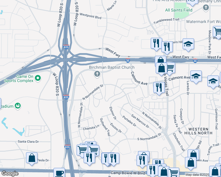 map of restaurants, bars, coffee shops, grocery stores, and more near 2808 Randell Way in Fort Worth
