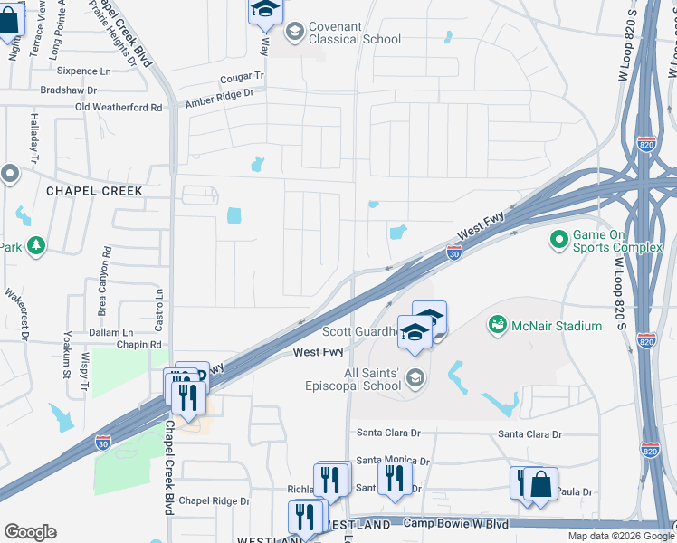 map of restaurants, bars, coffee shops, grocery stores, and more near 9904-9978 West Freeway in Fort Worth