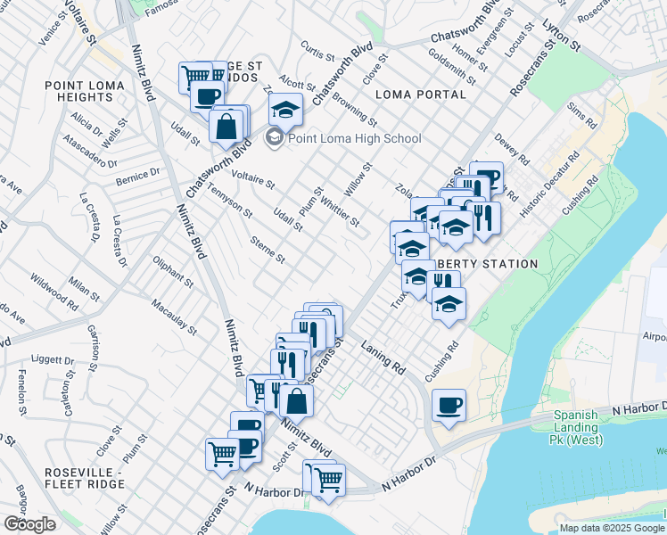 map of restaurants, bars, coffee shops, grocery stores, and more near 2111 Evergreen Street in San Diego