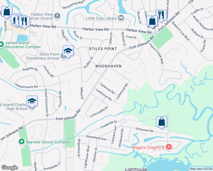 map of restaurants, bars, coffee shops, grocery stores, and more near 742 Tallwood Road in Charleston