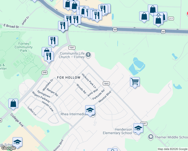 map of restaurants, bars, coffee shops, grocery stores, and more near 1127 Leafy Glade Road in Forney