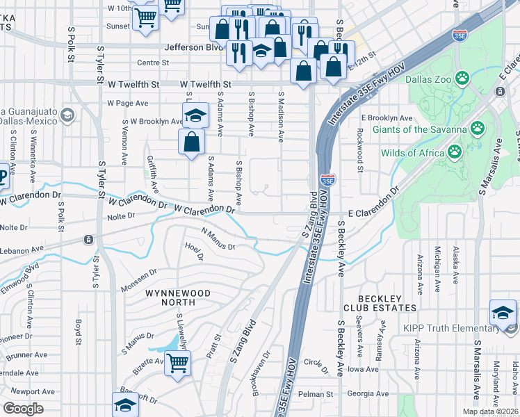 map of restaurants, bars, coffee shops, grocery stores, and more near 319 West Clarendon Drive in Dallas