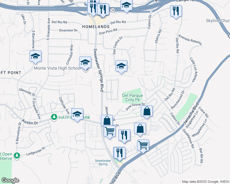 map of restaurants, bars, coffee shops, grocery stores, and more near 3115 Sweetwater Springs Boulevard in Spring Valley