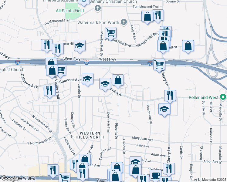 map of restaurants, bars, coffee shops, grocery stores, and more near 8300 Mojave Trail in Fort Worth
