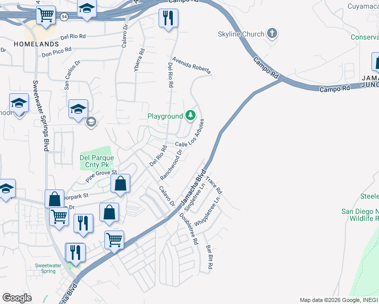map of restaurants, bars, coffee shops, grocery stores, and more near 2962 Alanwood Court in Spring Valley