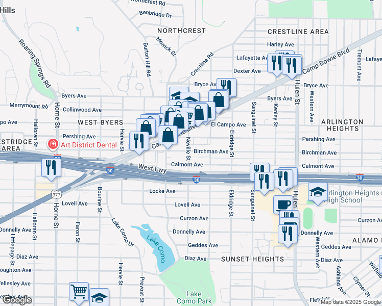 map of restaurants, bars, coffee shops, grocery stores, and more near 5039 Birchman Avenue in Fort Worth