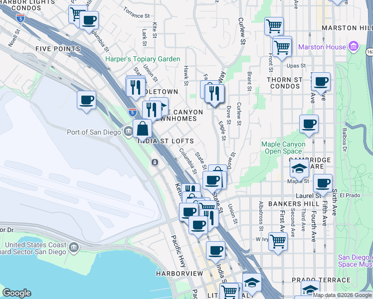 map of restaurants, bars, coffee shops, grocery stores, and more near 2901 Columbia Street in San Diego