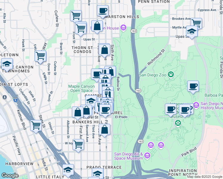 map of restaurants, bars, coffee shops, grocery stores, and more near 2808 Sixth Avenue in San Diego