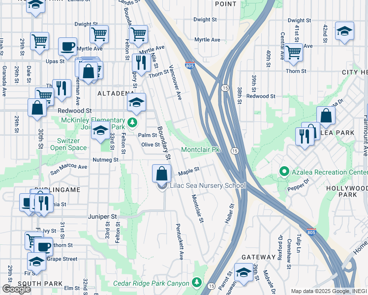 map of restaurants, bars, coffee shops, grocery stores, and more near 2685 Montclair Street in San Diego