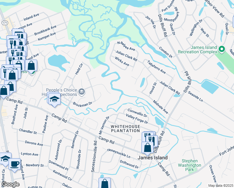 map of restaurants, bars, coffee shops, grocery stores, and more near 47 Anderson Avenue in Charleston