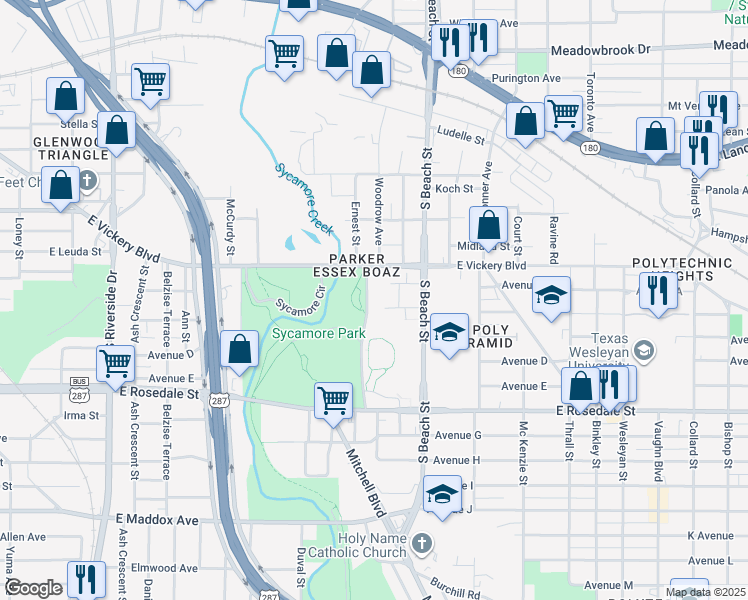 map of restaurants, bars, coffee shops, grocery stores, and more near 901 Ernest Street in Fort Worth