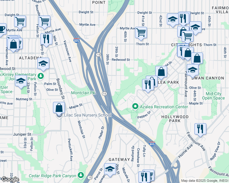 map of restaurants, bars, coffee shops, grocery stores, and more near 2840 39th Street in San Diego