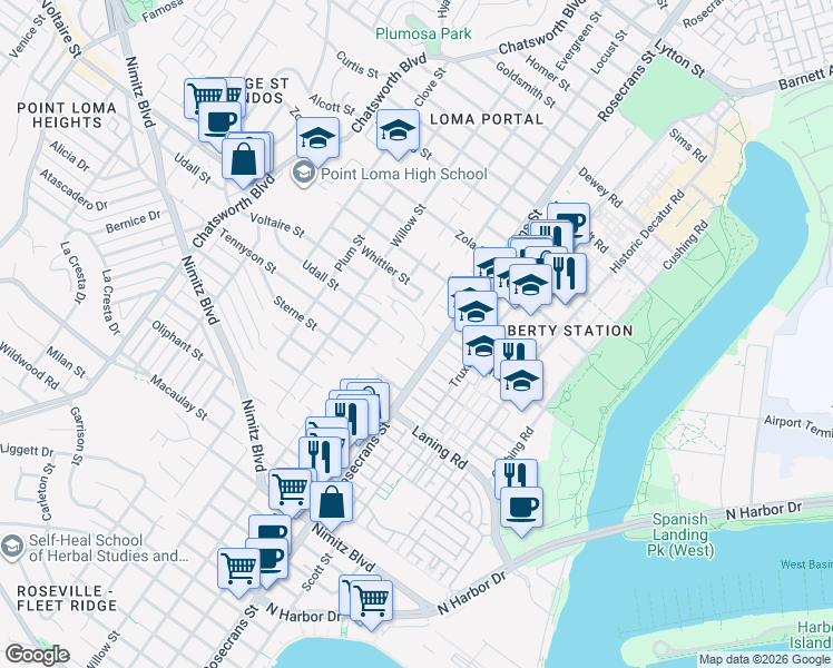 map of restaurants, bars, coffee shops, grocery stores, and more near 3040 Udall Street in San Diego