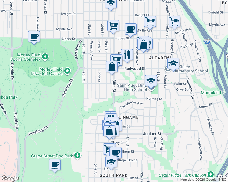 map of restaurants, bars, coffee shops, grocery stores, and more near 30th Street in San Diego