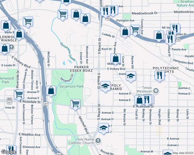 map of restaurants, bars, coffee shops, grocery stores, and more near 17 South Beach Street in Fort Worth