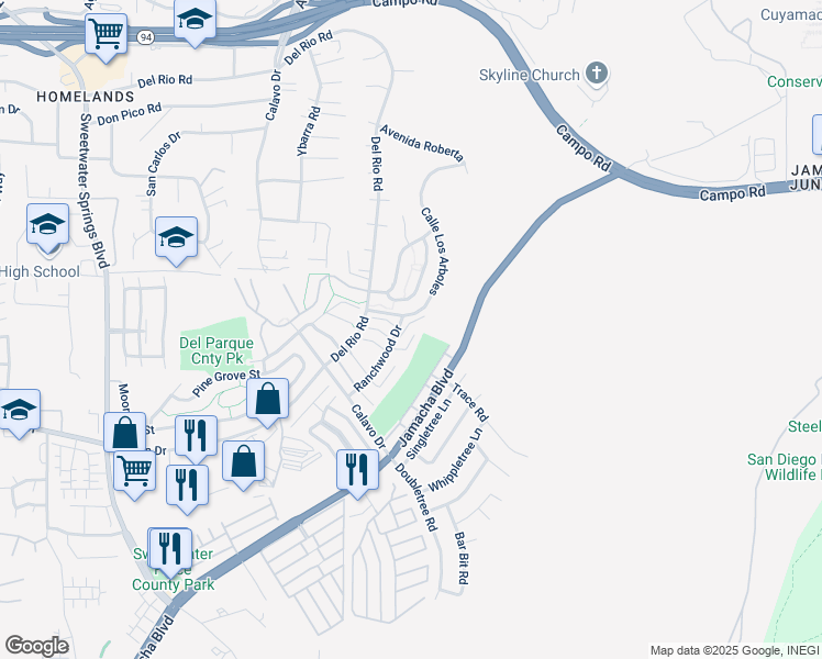 map of restaurants, bars, coffee shops, grocery stores, and more near 2958 Alanwood Court in Spring Valley