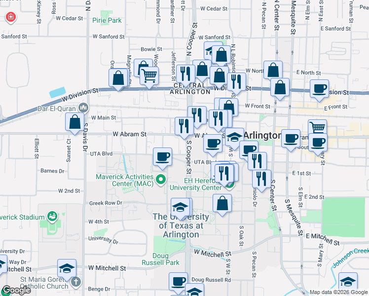 map of restaurants, bars, coffee shops, grocery stores, and more near 212 South Cooper Street in Arlington