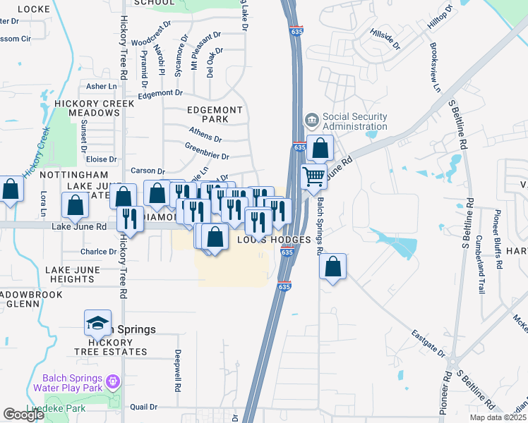 map of restaurants, bars, coffee shops, grocery stores, and more near 2444 Avis Street in Mesquite