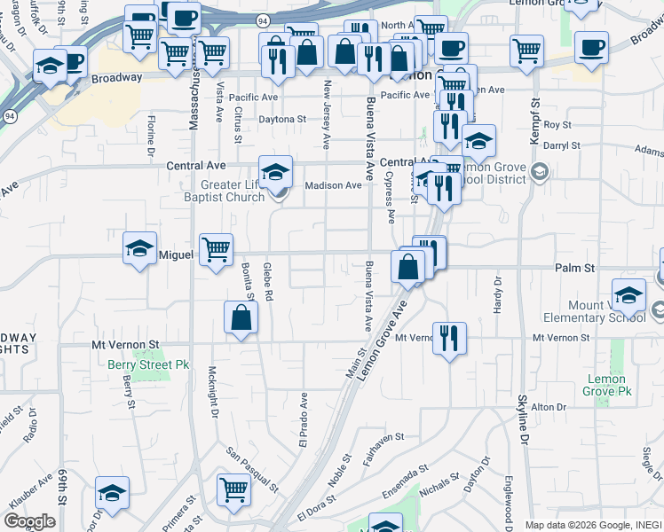 map of restaurants, bars, coffee shops, grocery stores, and more near 2618 Sheri Lane in Lemon Grove