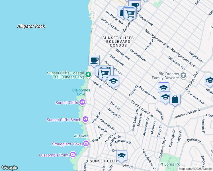 map of restaurants, bars, coffee shops, grocery stores, and more near 4672 Adair Street in San Diego