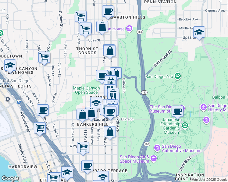 map of restaurants, bars, coffee shops, grocery stores, and more near 2800 Fifth Avenue in San Diego