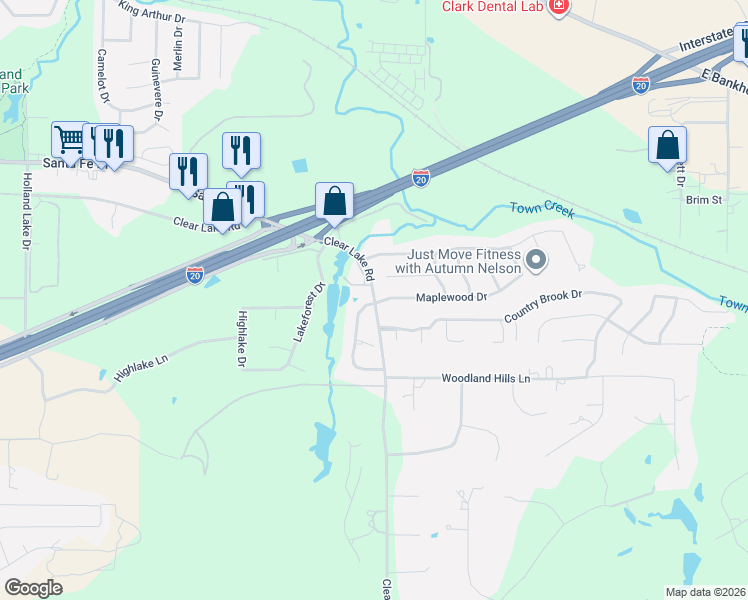 map of restaurants, bars, coffee shops, grocery stores, and more near 2201 Lake Country Drive in Weatherford