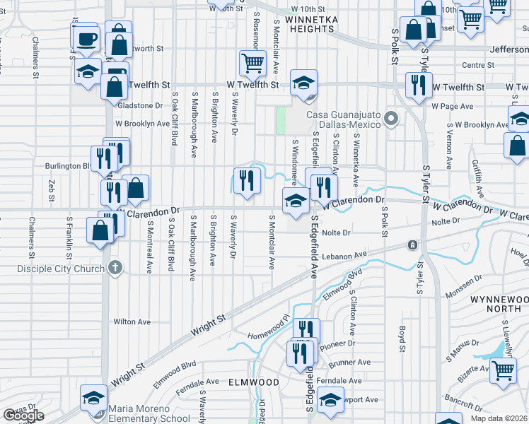 map of restaurants, bars, coffee shops, grocery stores, and more near 1610 West Clarendon Drive in Dallas