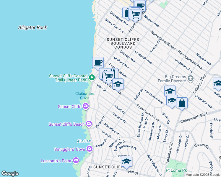 map of restaurants, bars, coffee shops, grocery stores, and more near 4673-75 Point Loma Avenue in San Diego
