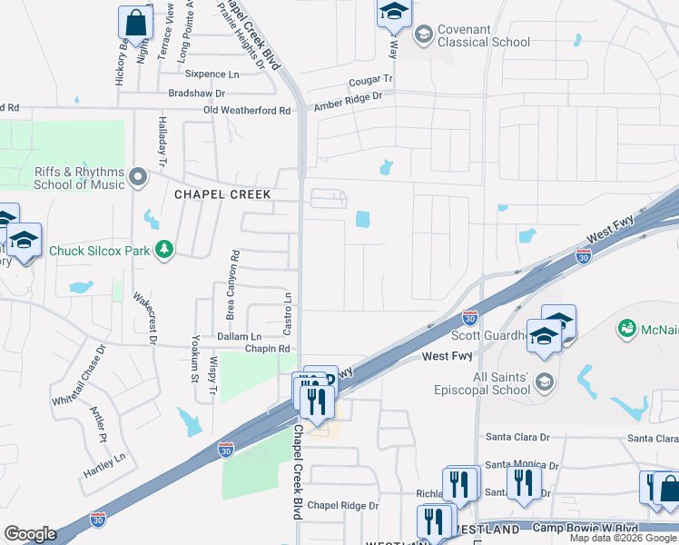 map of restaurants, bars, coffee shops, grocery stores, and more near 2728 Mistwood Drive in Fort Worth