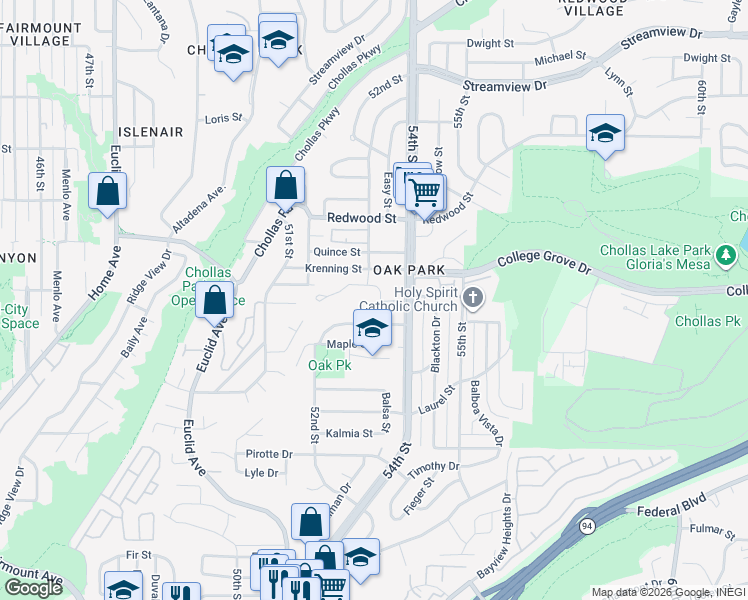 map of restaurants, bars, coffee shops, grocery stores, and more near 5317 Caminito Mindy in San Diego