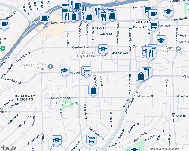 map of restaurants, bars, coffee shops, grocery stores, and more near 2642 Bonita Street in Lemon Grove