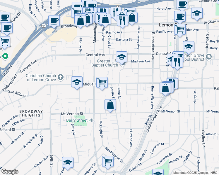 map of restaurants, bars, coffee shops, grocery stores, and more near 2642 Bonita Street in Lemon Grove