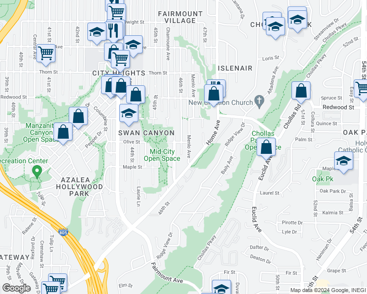 map of restaurants, bars, coffee shops, grocery stores, and more near 2719 46th Street in San Diego