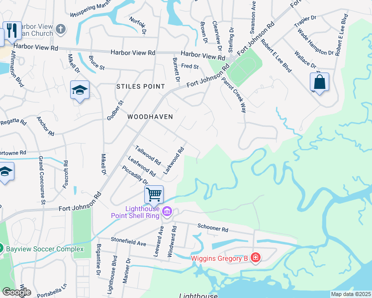 map of restaurants, bars, coffee shops, grocery stores, and more near 741 Larkwood Road in Charleston