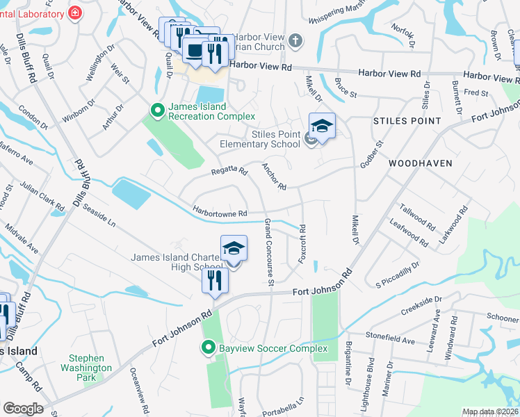 map of restaurants, bars, coffee shops, grocery stores, and more near 970 Grand Concourse Street in Charleston