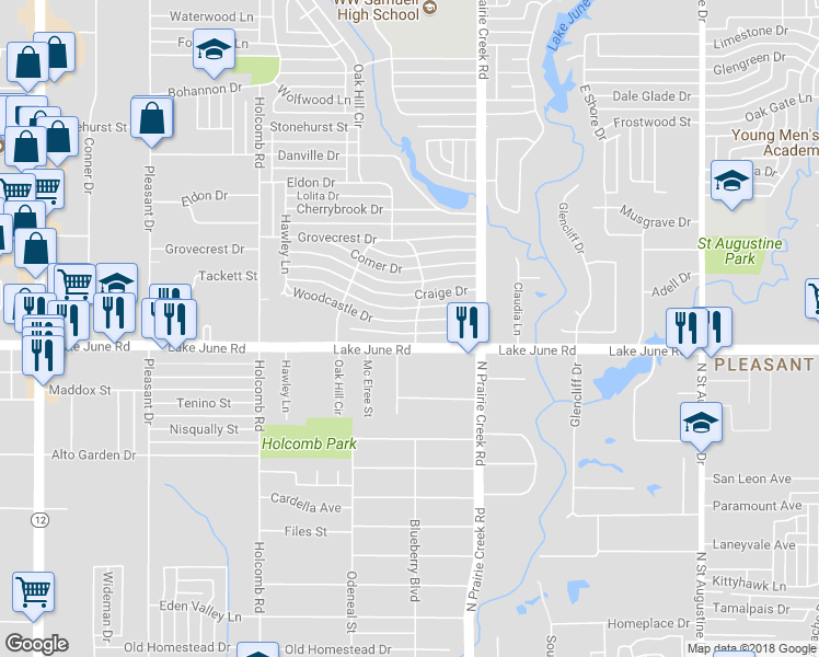 map of restaurants, bars, coffee shops, grocery stores, and more near 8741 Lake June Road in Dallas