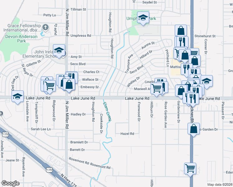 map of restaurants, bars, coffee shops, grocery stores, and more near 7503 Lake June Road in Dallas