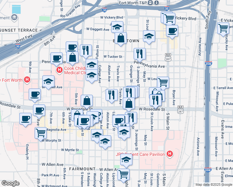 map of restaurants, bars, coffee shops, grocery stores, and more near 928 Lipscomb Street in Fort Worth